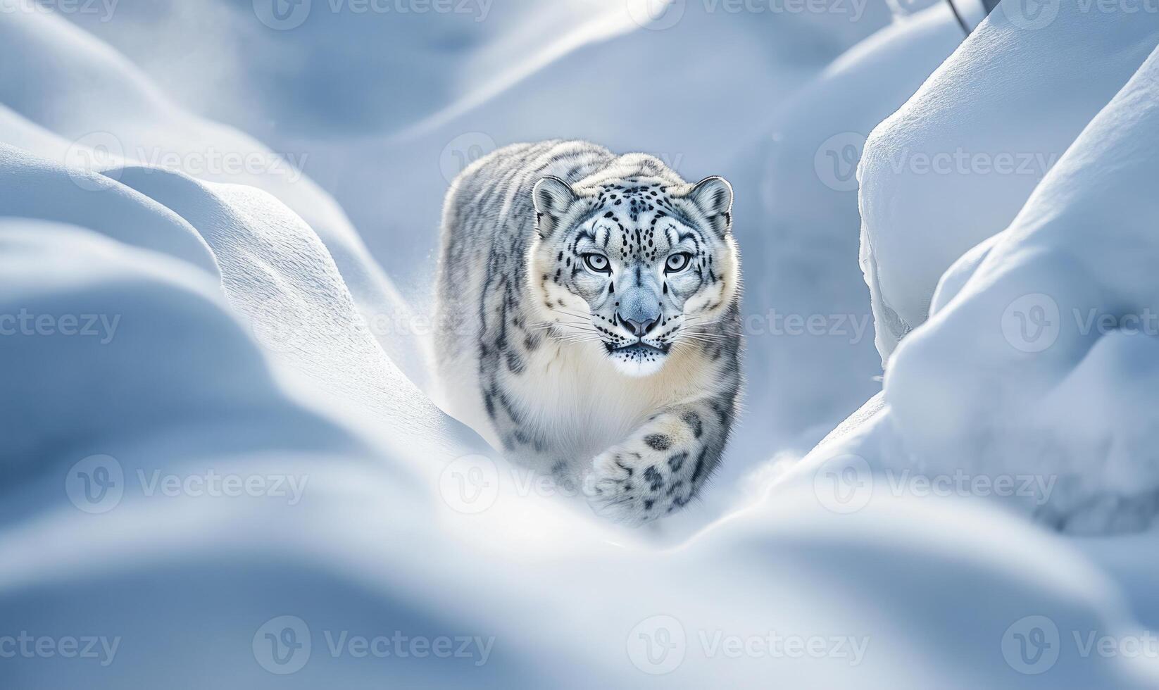 A snow leopard is walking through the snow photo