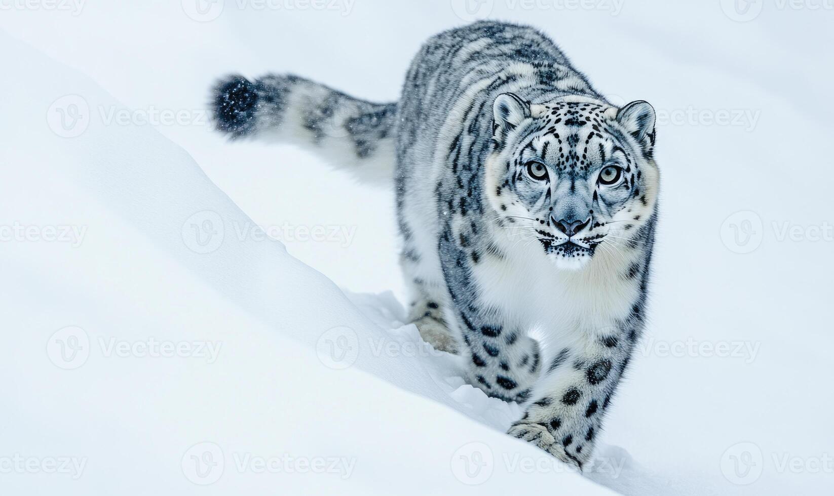 A snow leopard is walking through the snow photo
