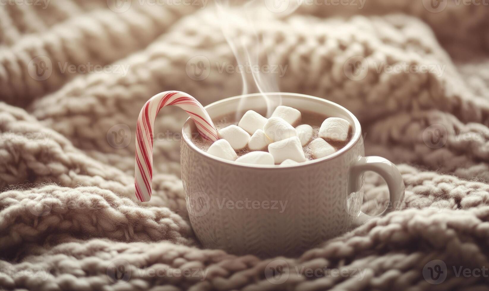 A mug of hot chocolate with marshmallows and a red and white cane photo