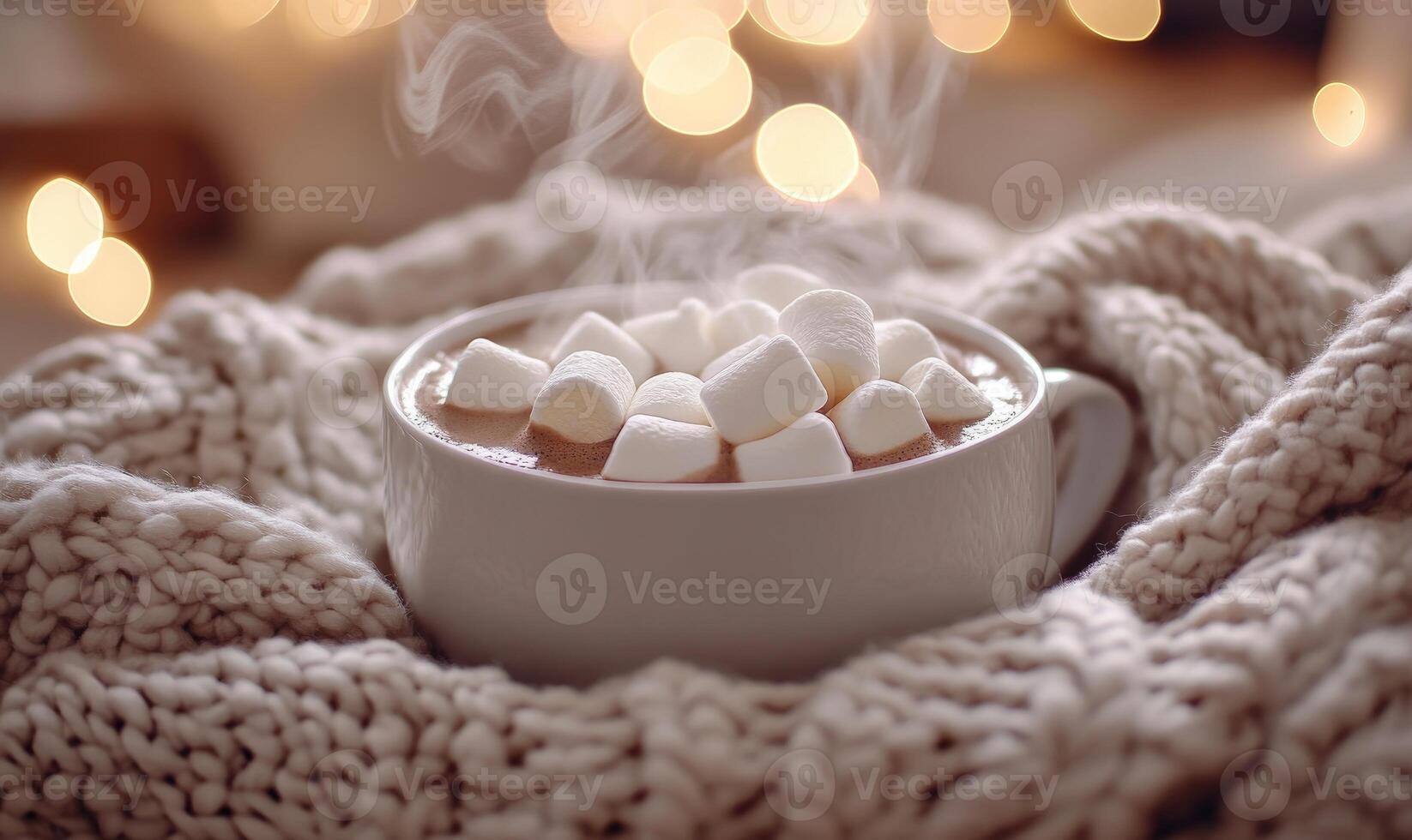 A white mug of hot chocolate with marshmallows on top of a blanket photo