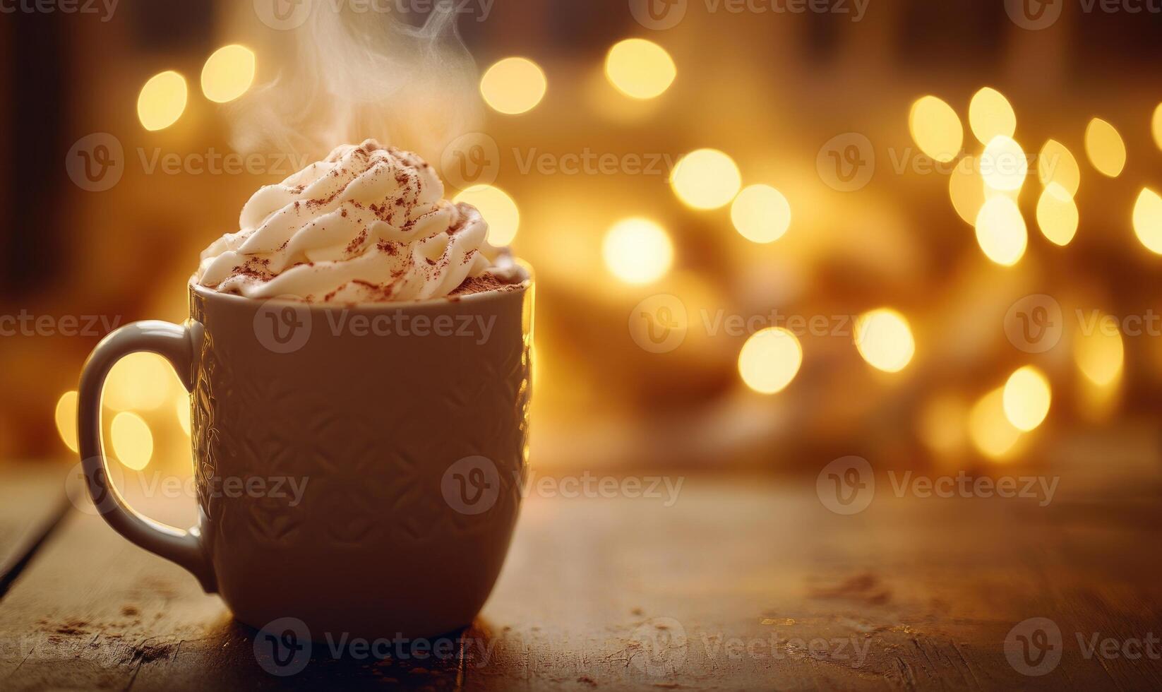 A white coffee cup with whipped cream on top sits on a wooden table photo