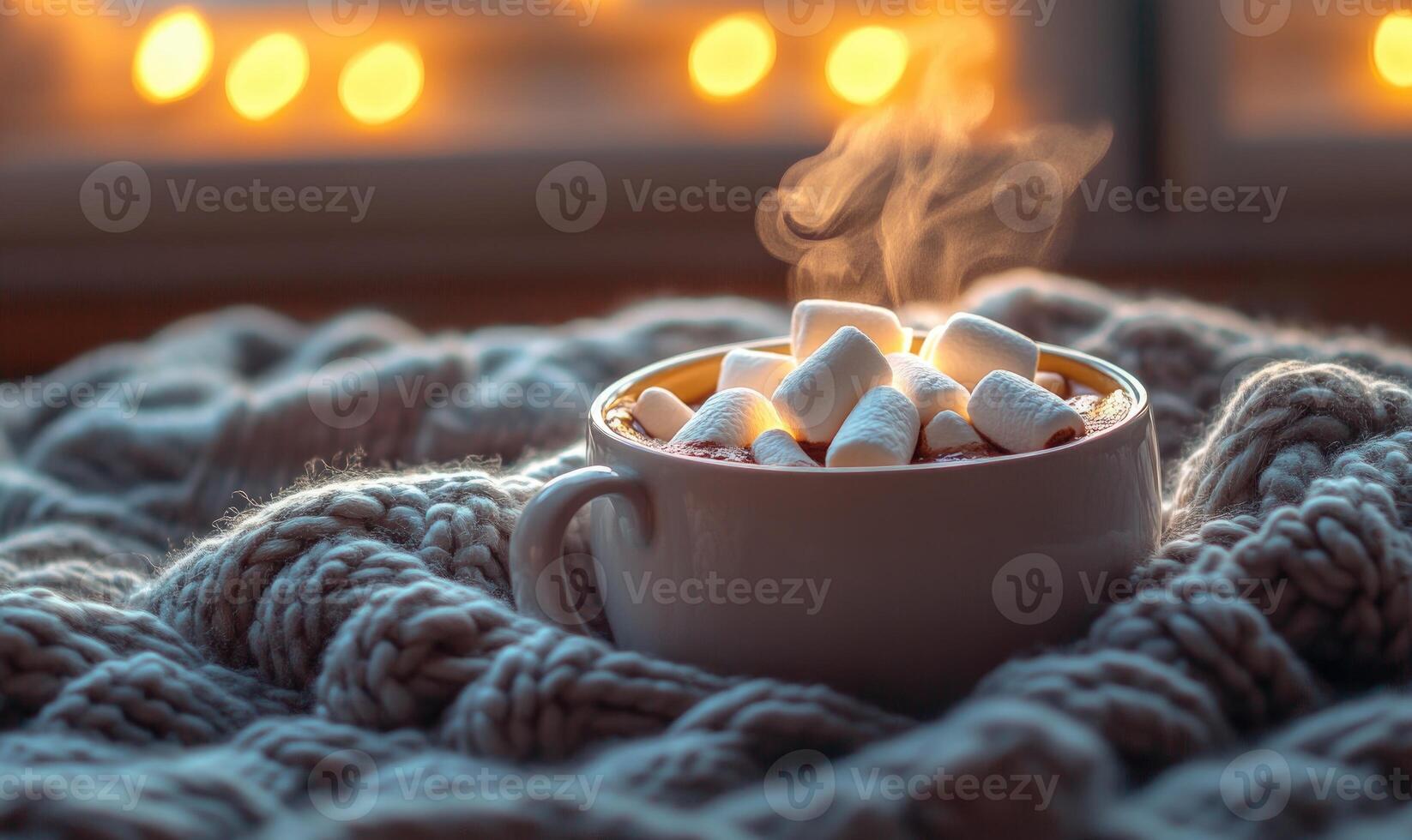 A white mug filled with marshmallows and hot chocolate sits on a blanket photo