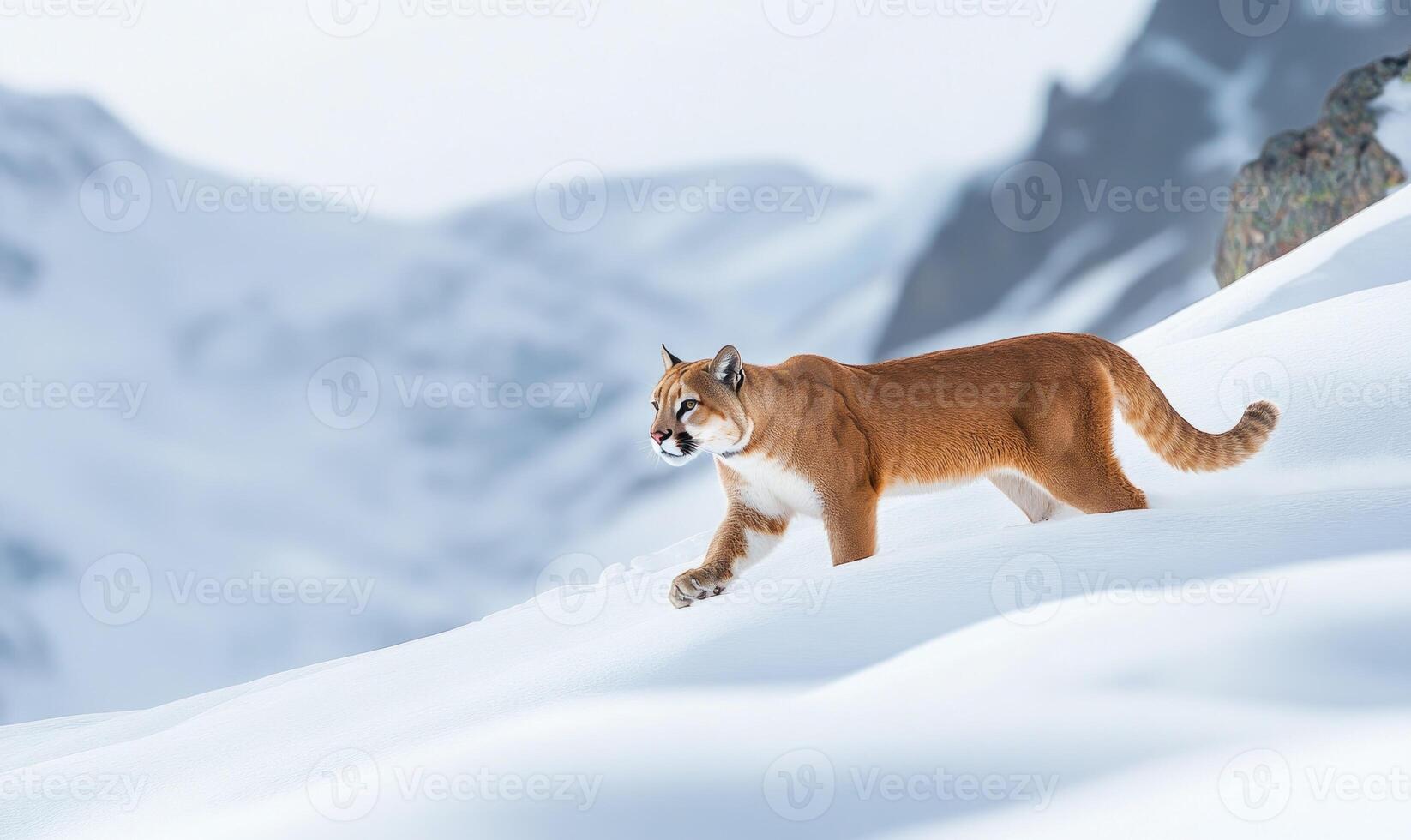 A brown and white cat is walking on a snowy mountain photo
