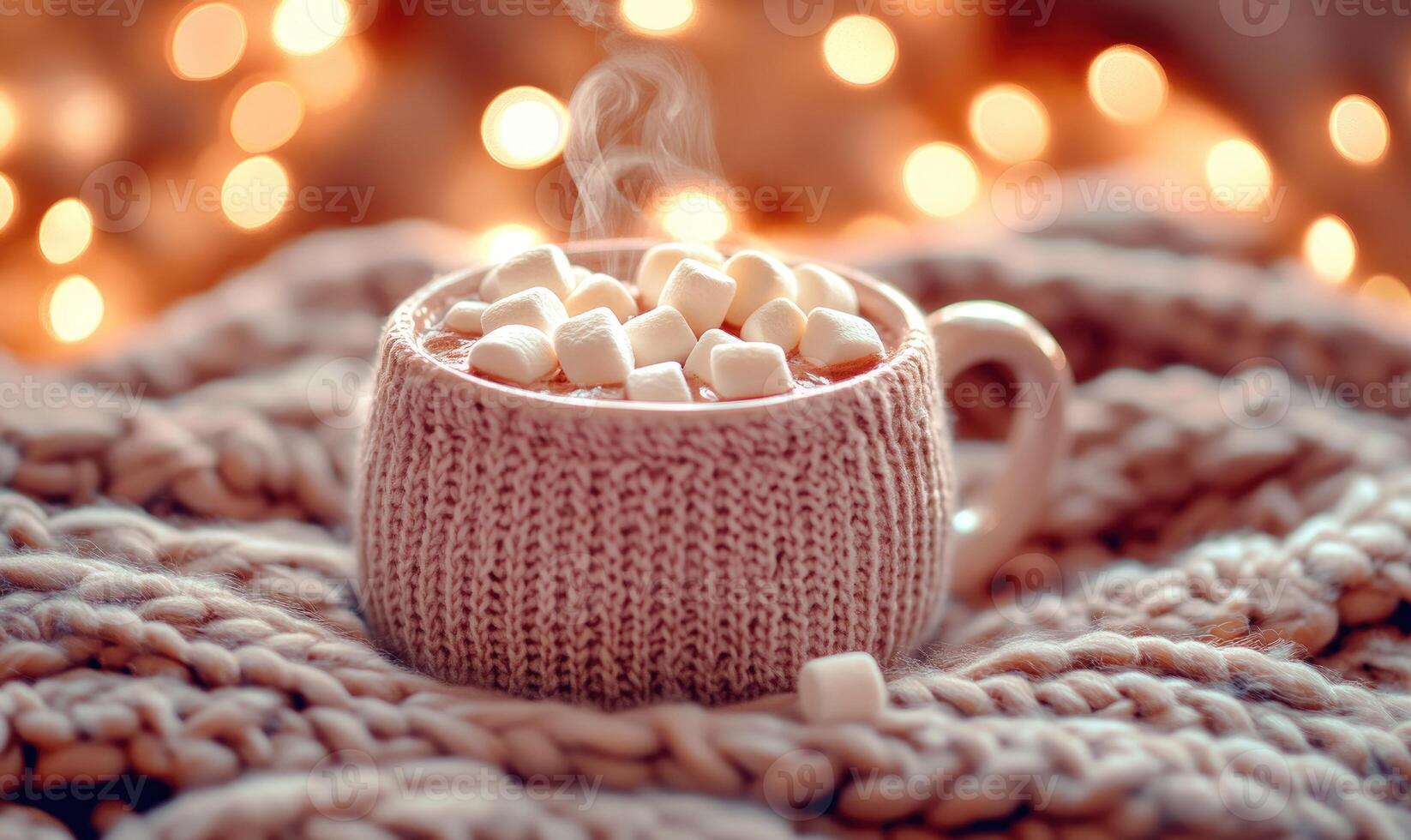 A mug of hot chocolate with marshmallows in it sits on a blanket photo