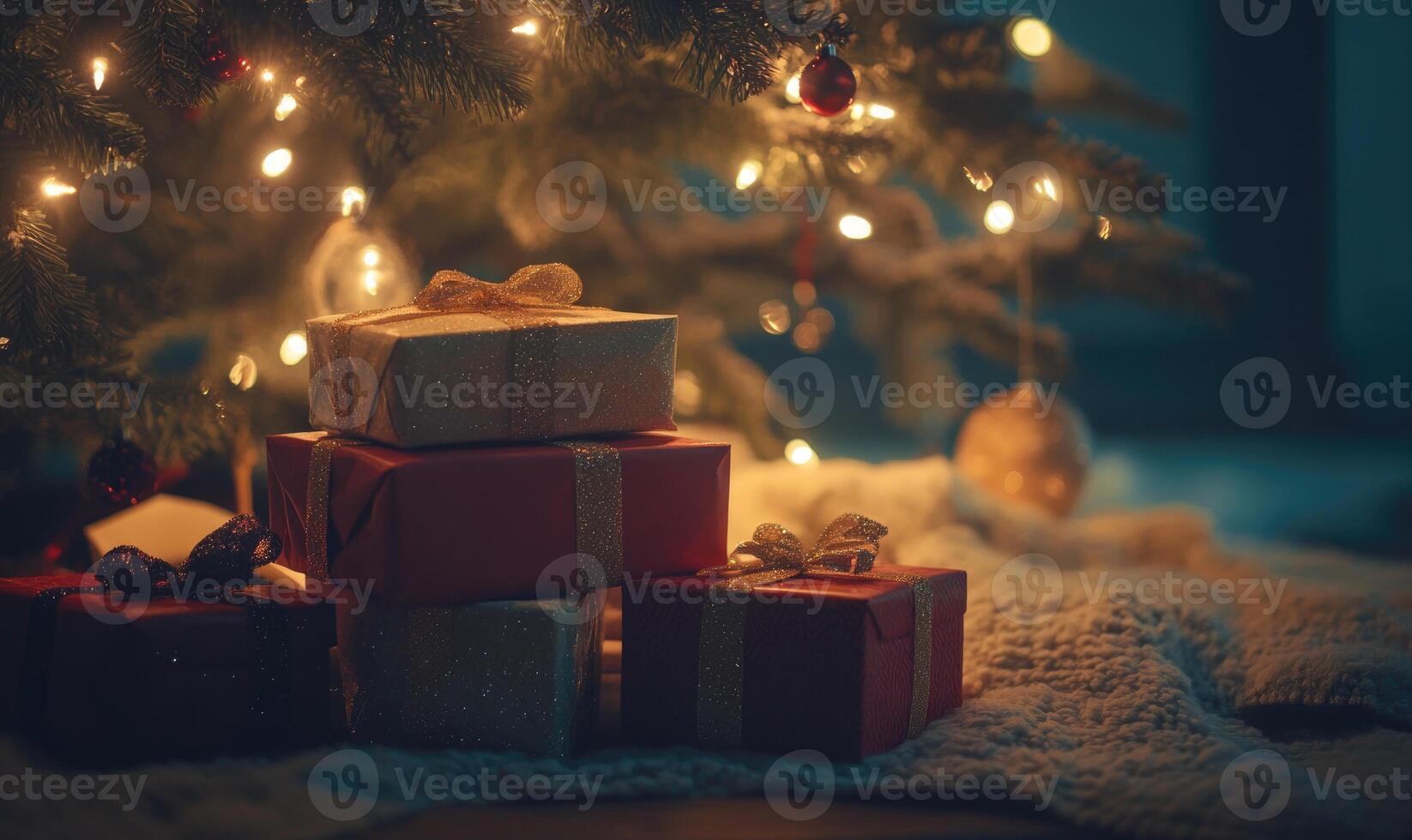 A stack of presents is sitting on a carpeted floor in front of a Christmas tree photo