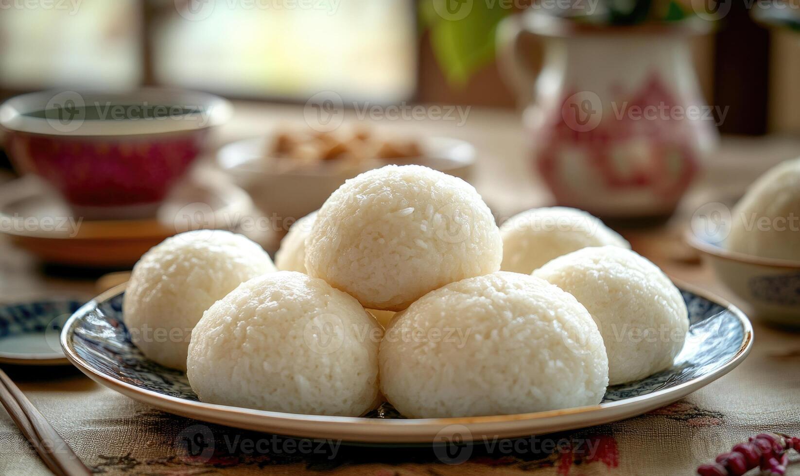 A plate of rice balls sits on a table with a cup and a bowl photo