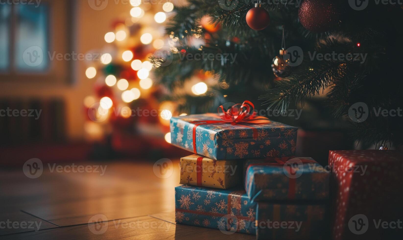 A stack of presents is sitting on a wooden floor in front of a Christmas tree photo