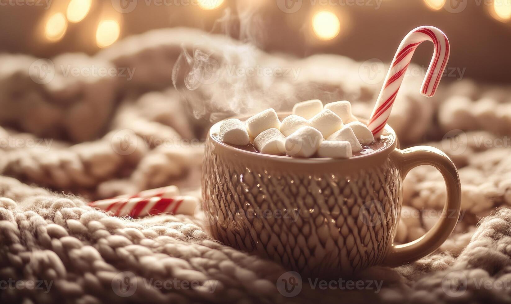 A mug of hot chocolate with marshmallows and a red and white cane photo