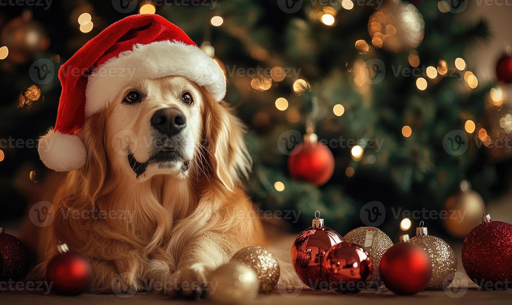 A dog wearing a Santa hat is laying on a table with a bunch of Christmas ornamen photo