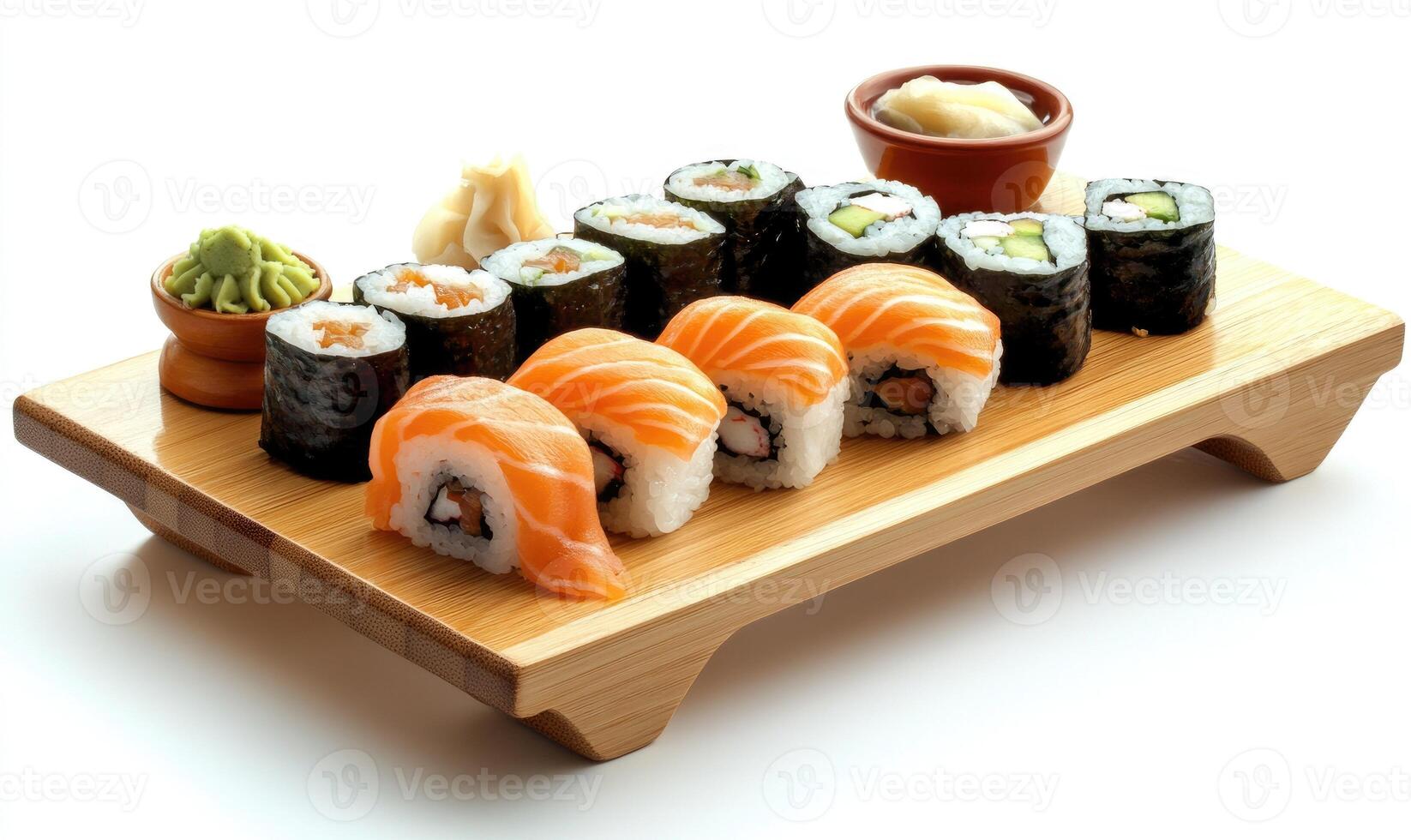 A wooden tray with a variety of sushi rolls and dipping sauces photo