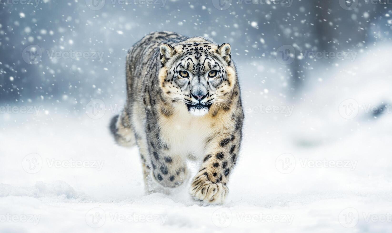 A snow leopard is walking through the snow photo