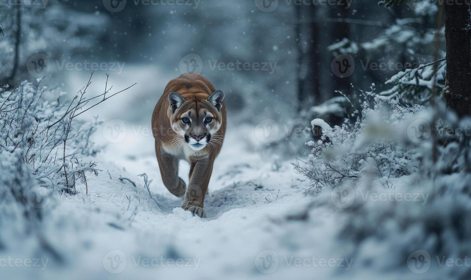 A brown bear is walking through the snow in a forest photo