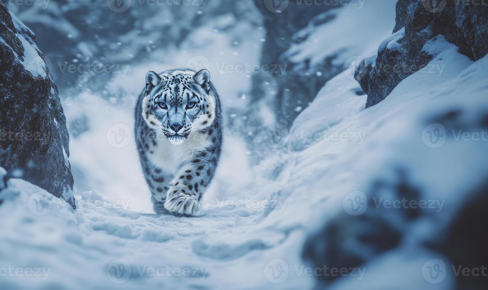 A snow leopard is walking through the snow photo