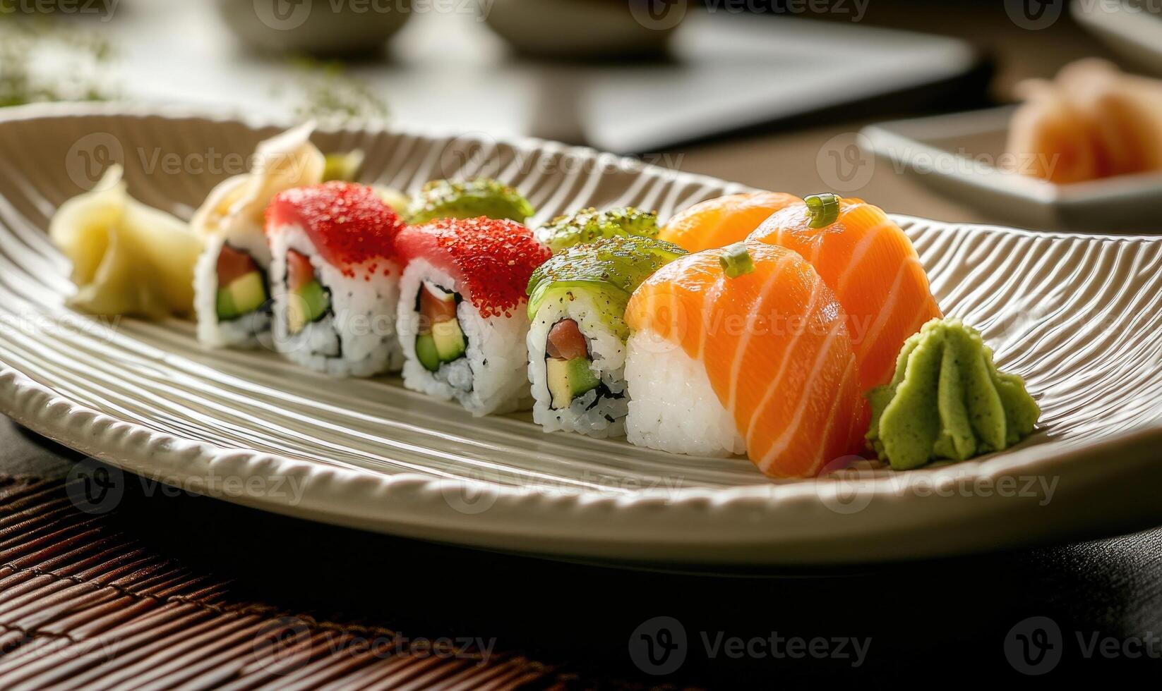 A plate of sushi with a variety of colors and flavors photo