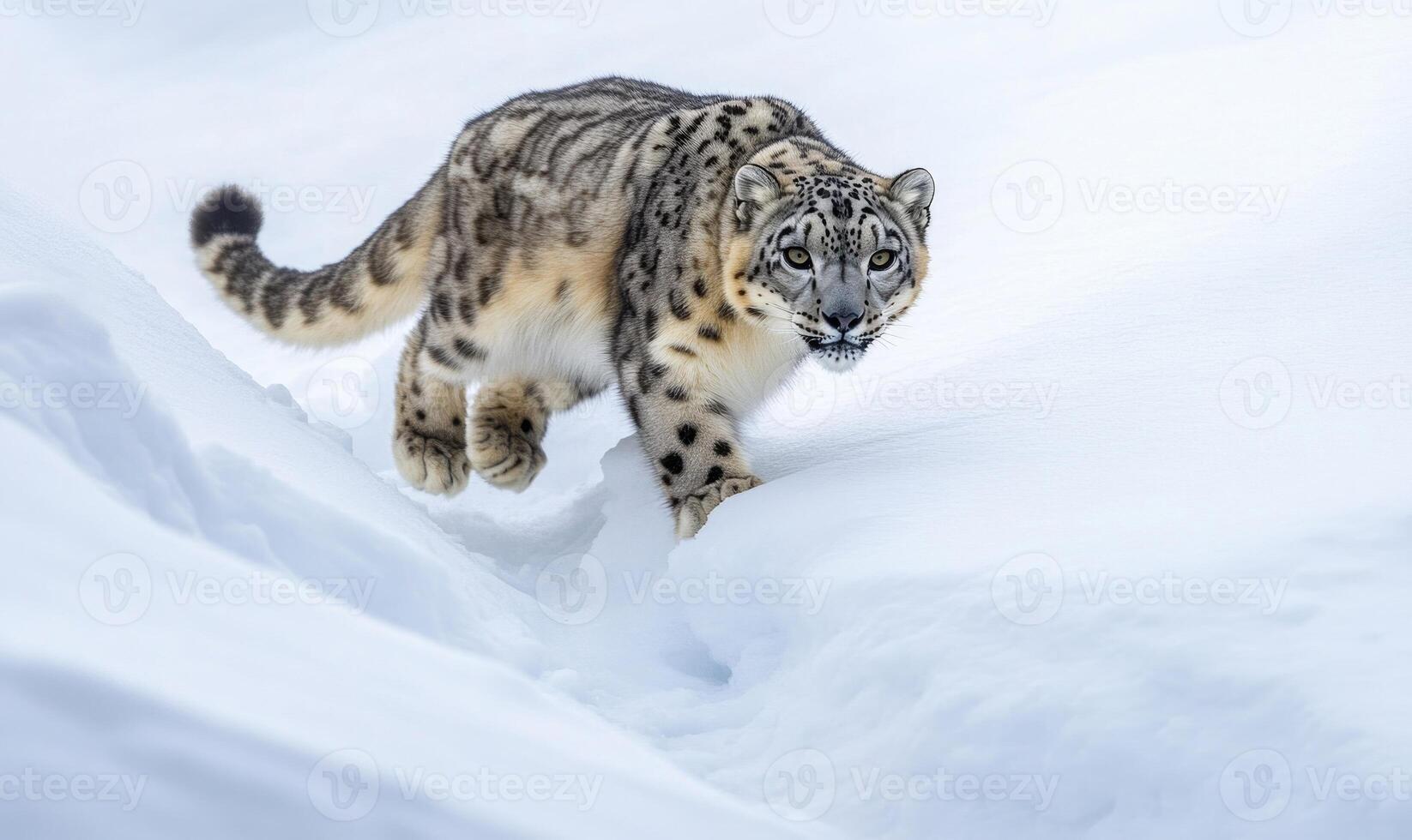 A snow leopard is walking through the snow photo