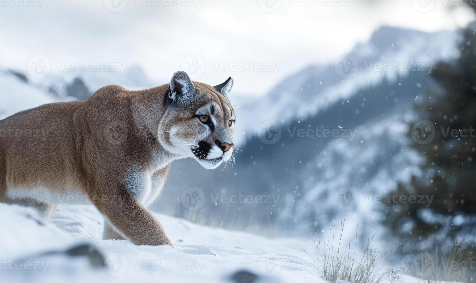 A brown and white mountain lion is walking through the snow photo