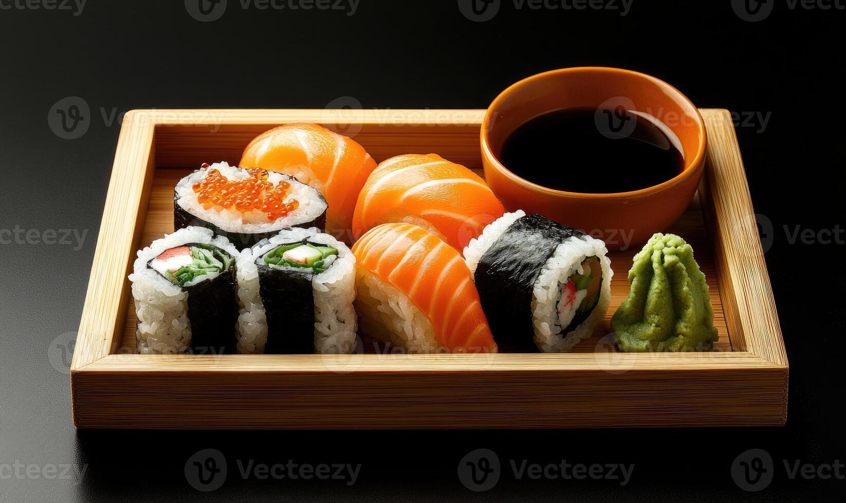 A tray of sushi with a dipping sauce photo