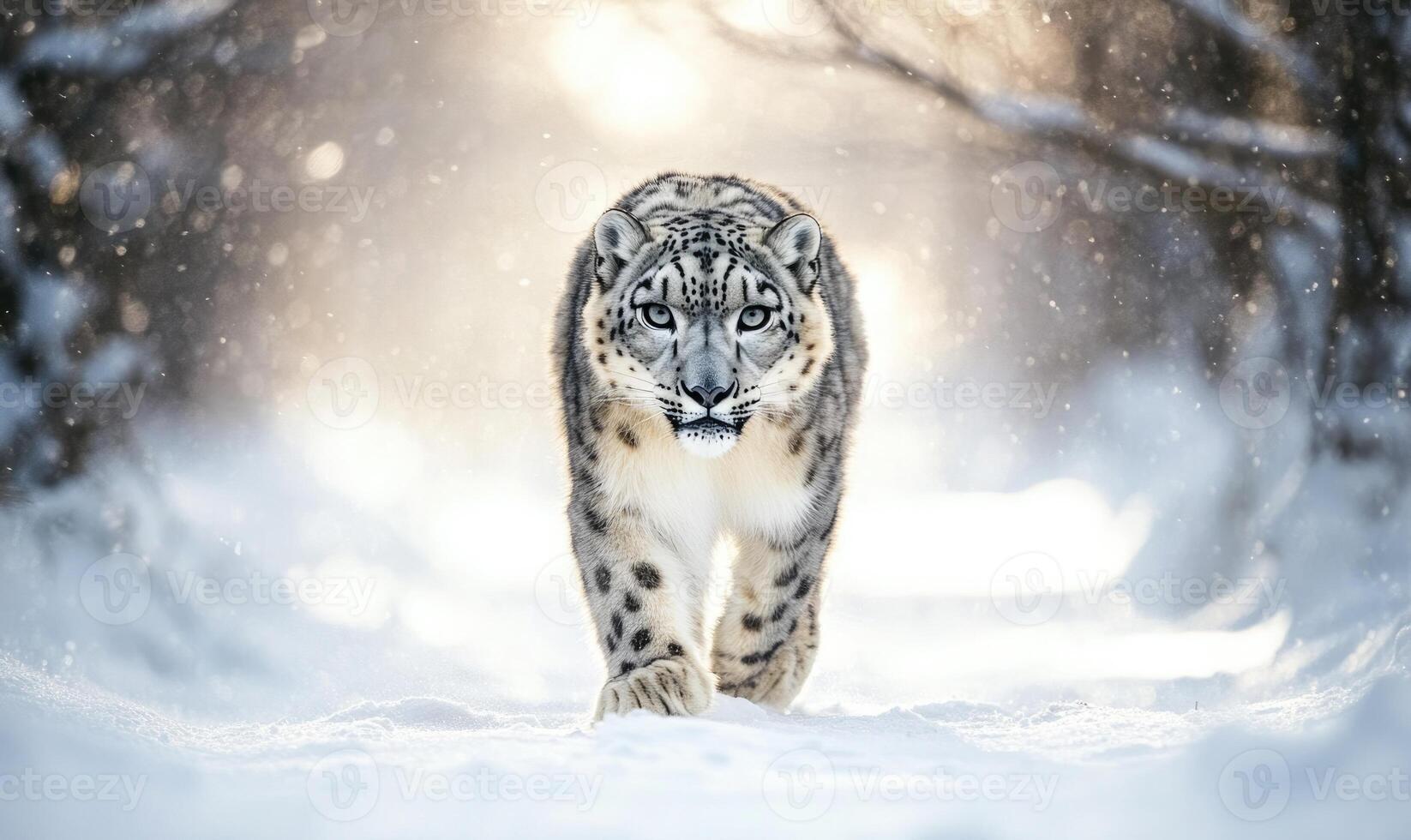 A snow leopard is walking through the snow photo