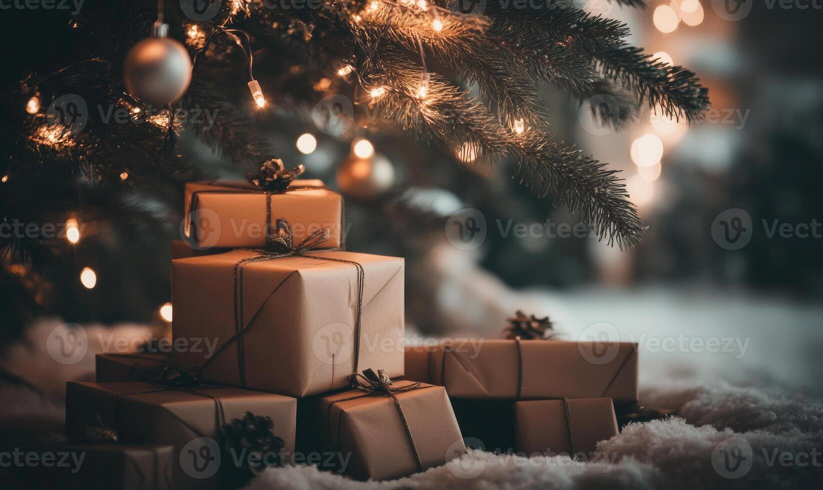 A Christmas tree with a stack of presents on the ground photo