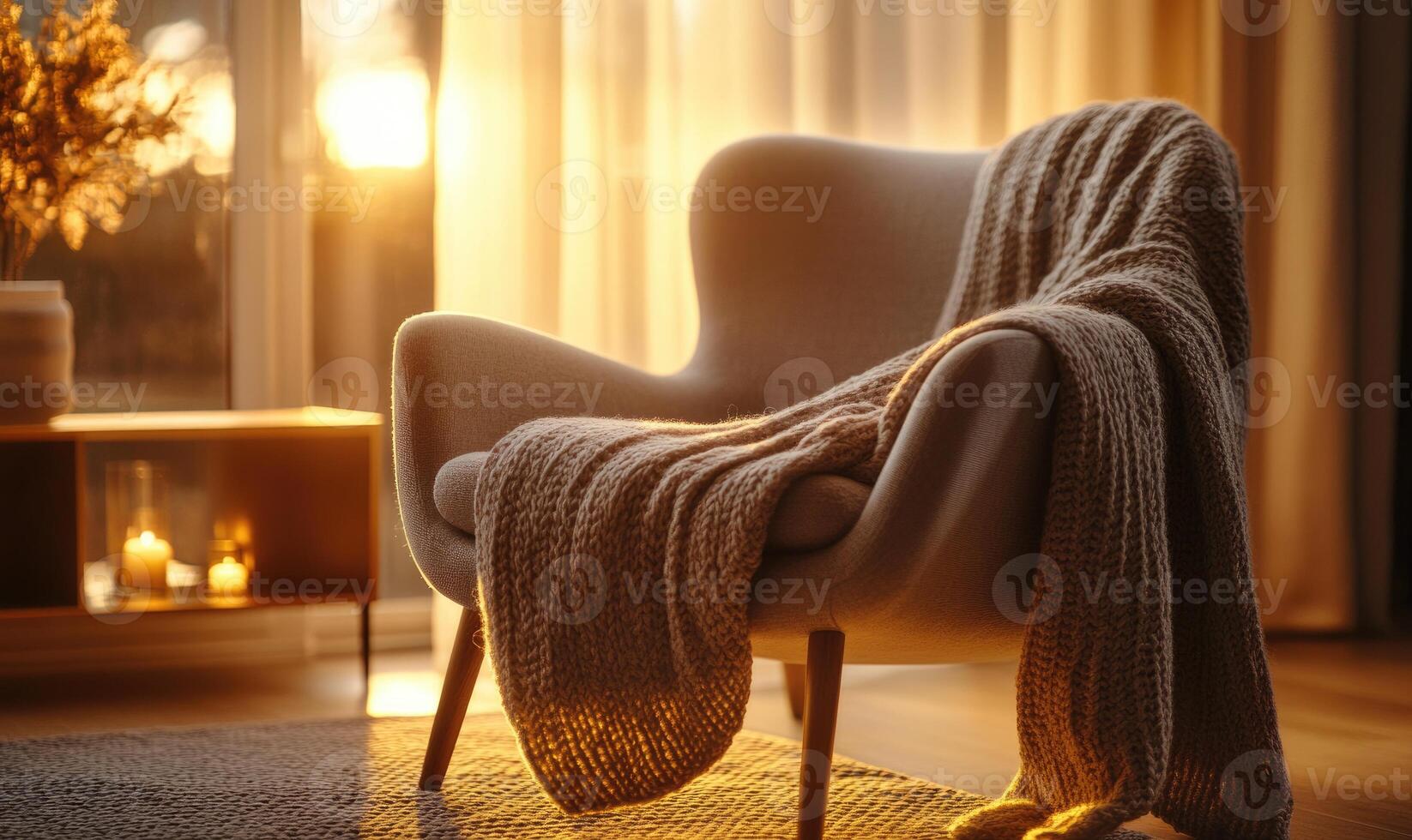 A chair is covered in a blanket and is sitting in front of a window photo