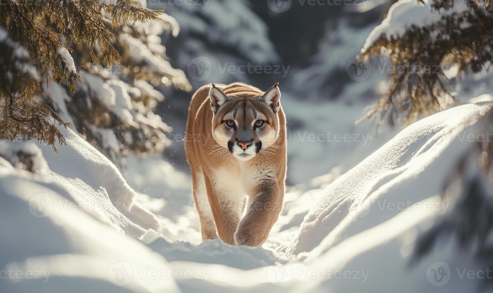 A brown cat is walking through the snow in a forest photo