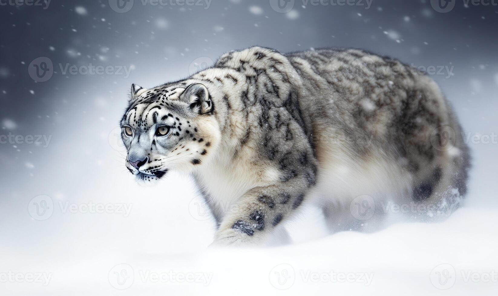 A large gray and white cat is walking through the snow photo