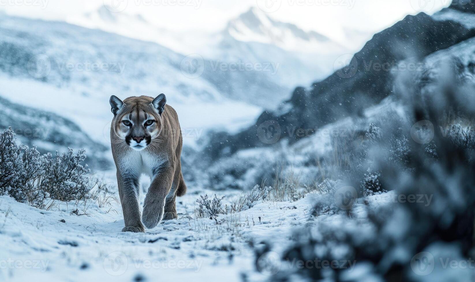 A mountain lion is walking through the snow photo