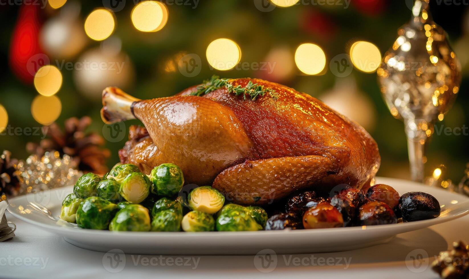A large roasted chicken is served on a white plate with a side of green beans photo
