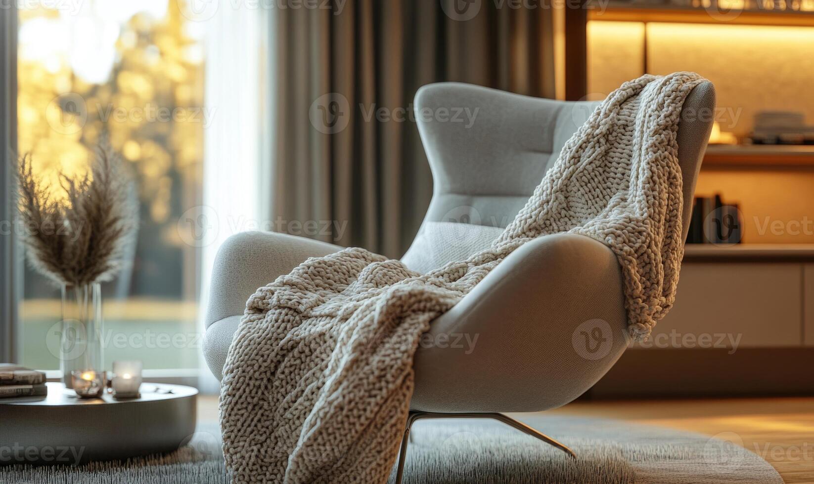 A white chair with a white blanket draped over it photo