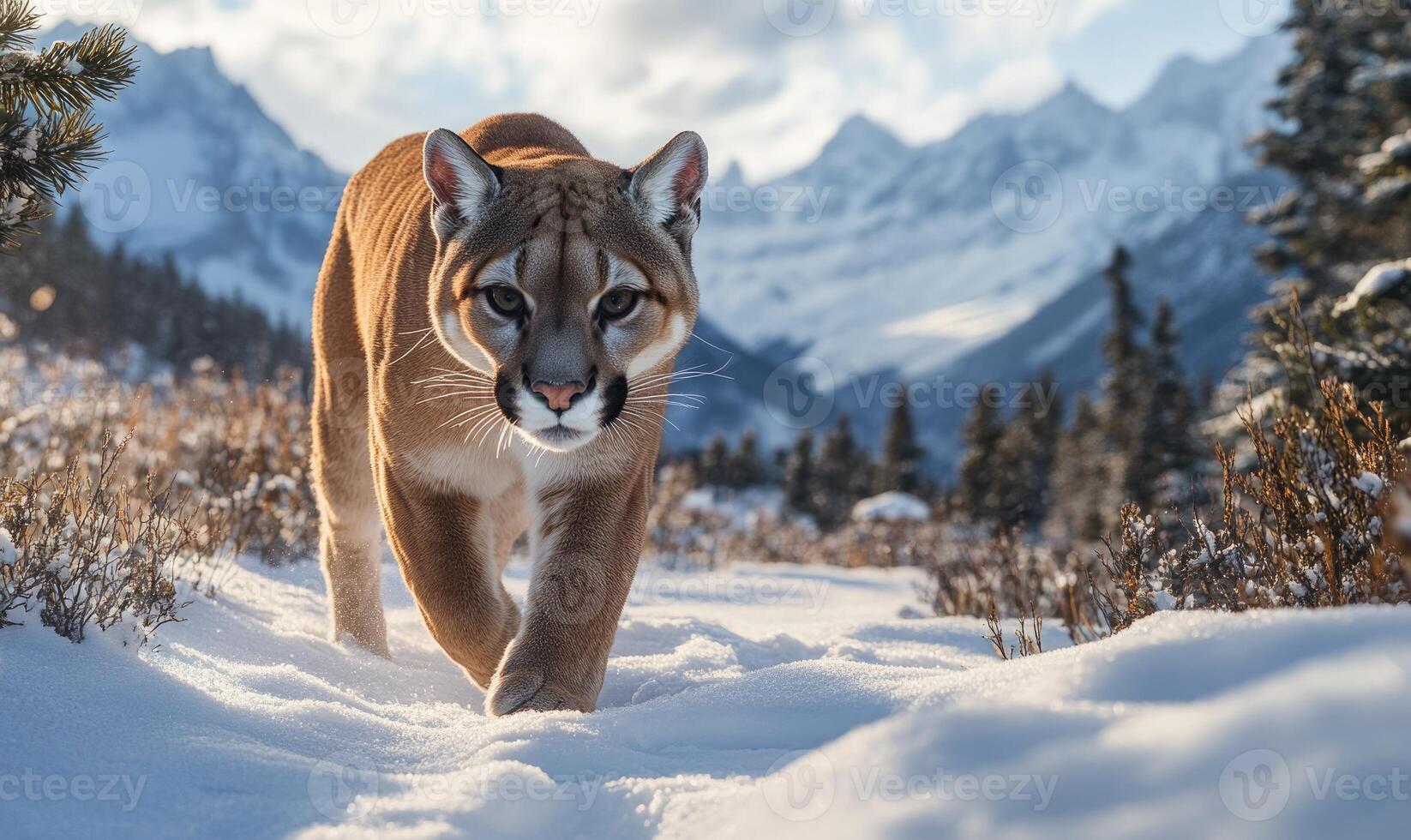 A mountain range is in the background as a brown cat walks through the snow photo