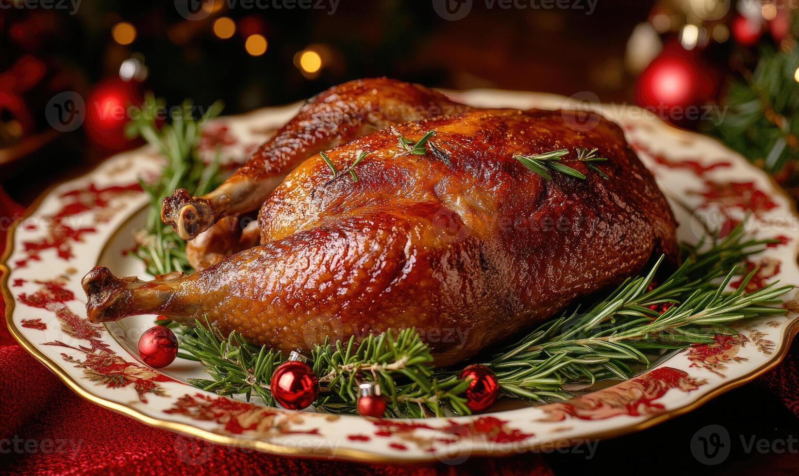 A plate of roasted chicken with rosemary and red berries on top photo