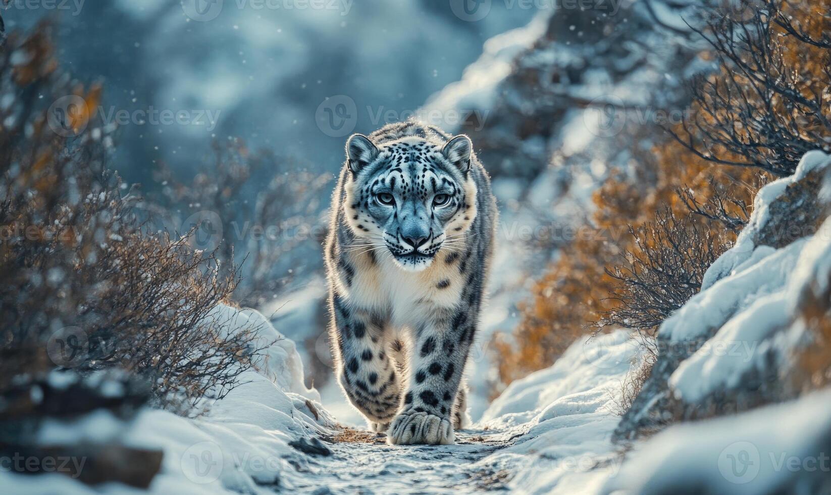A snow leopard is walking through the snow photo