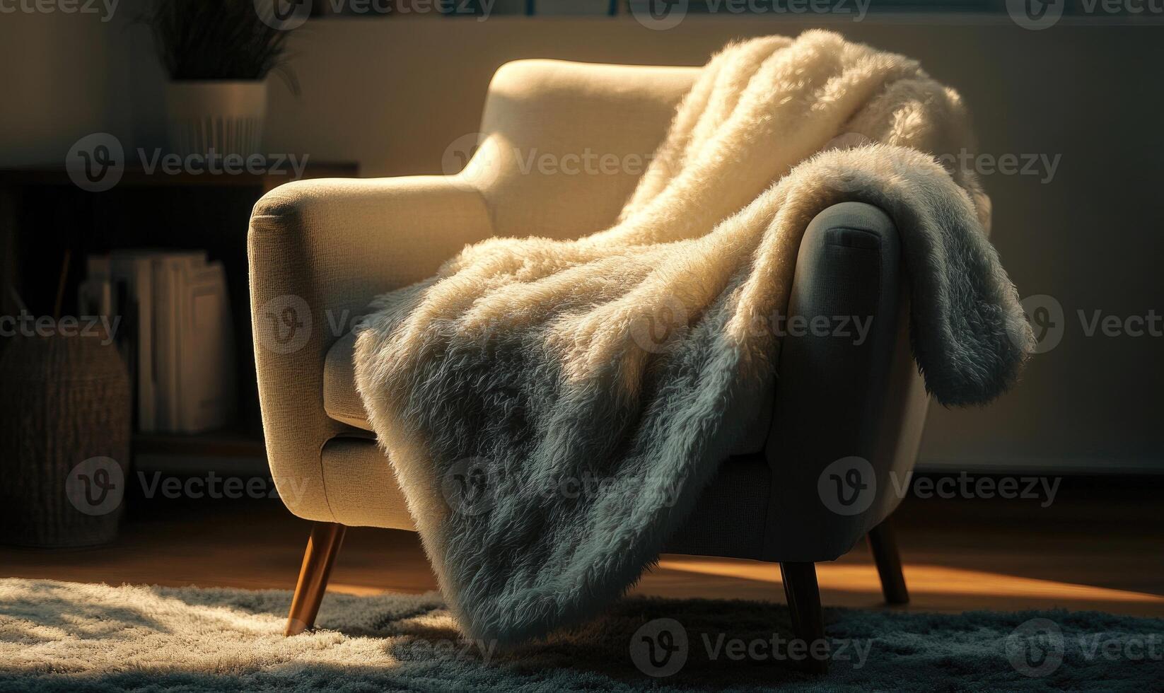 A white chair with a white blanket draped over it photo