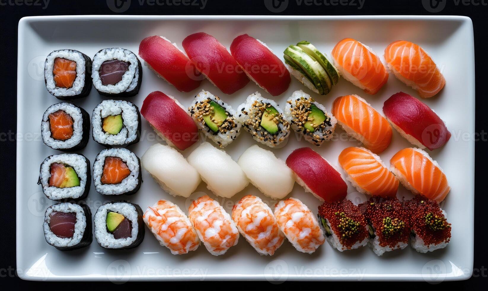 A plate of assorted sushi rolls, including some with avocado and shrimp photo