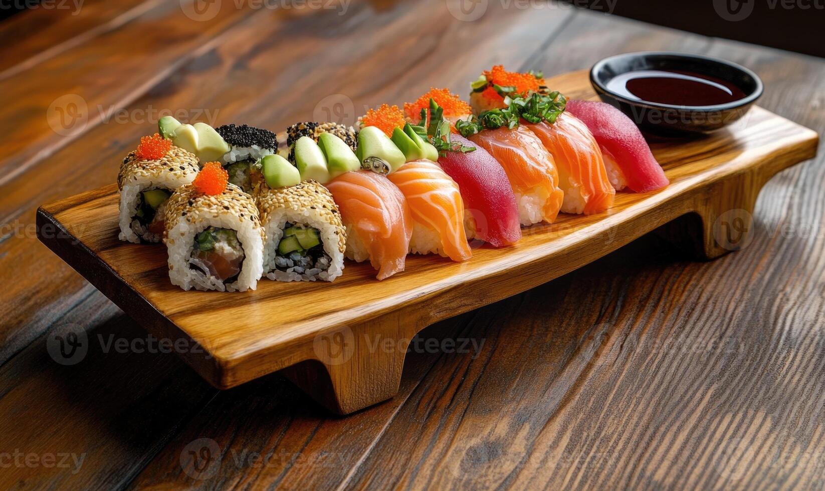 A wooden tray with a variety of sushi rolls and a dipping sauce photo
