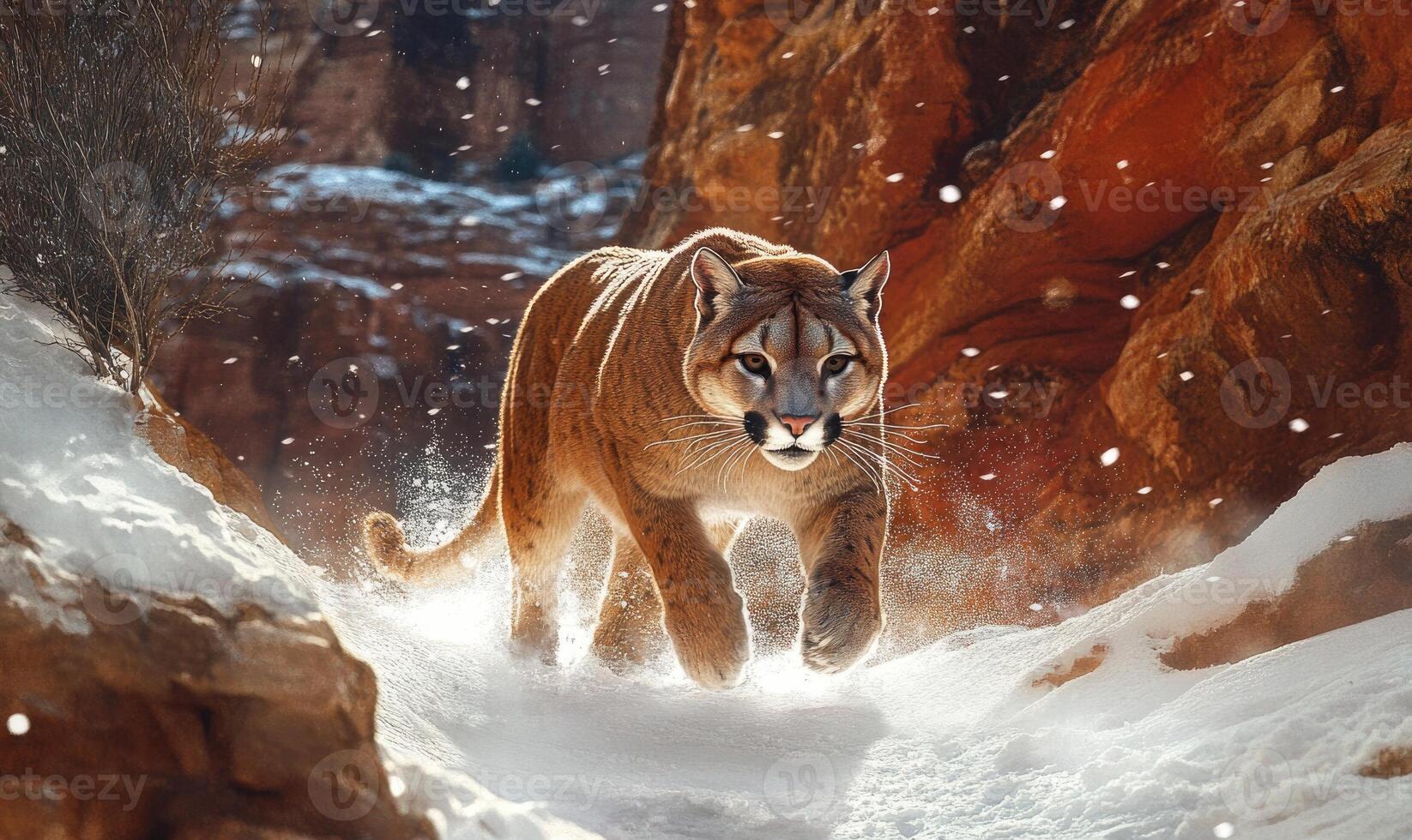 A large brown cat is walking through the snow photo
