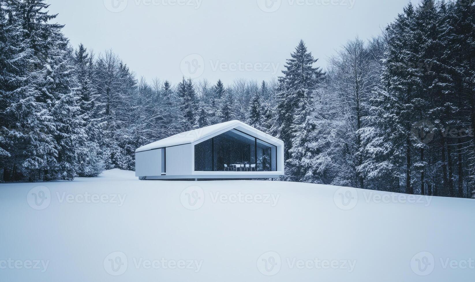 A white house with a large window sits in a snowy field photo