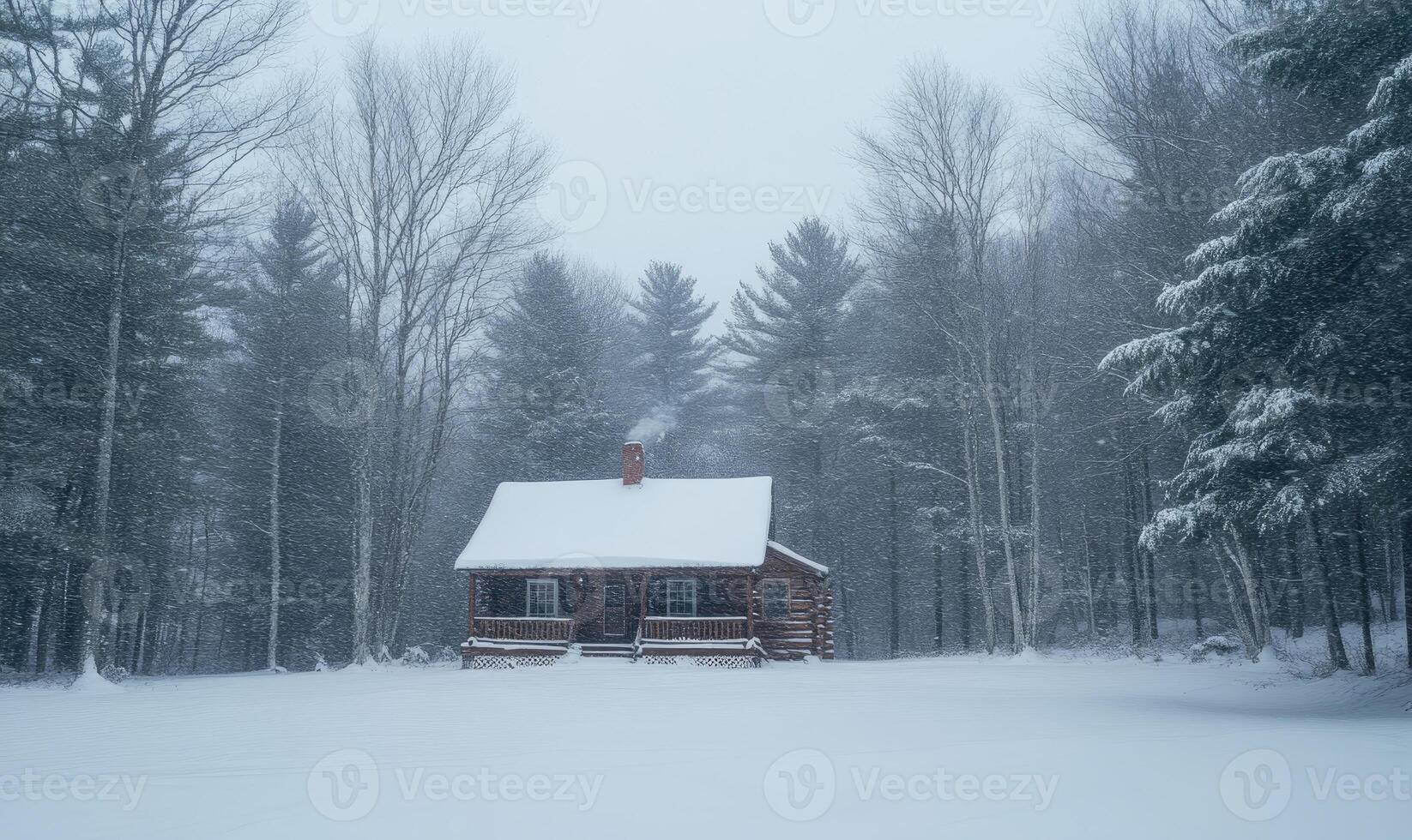 A cabin in the woods is covered in snow photo