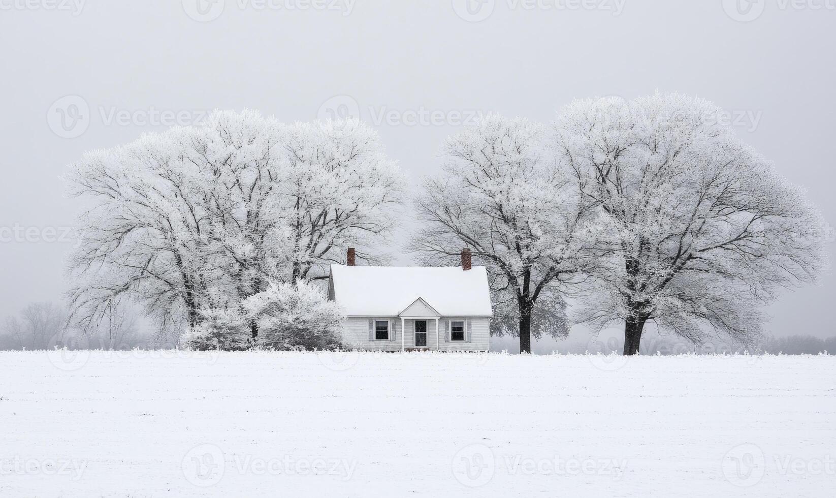 A small house is surrounded by trees covered in snow photo