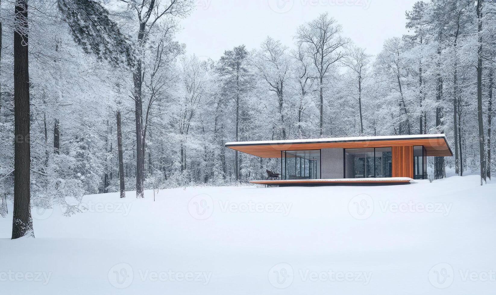 A small house is surrounded by trees and snow photo