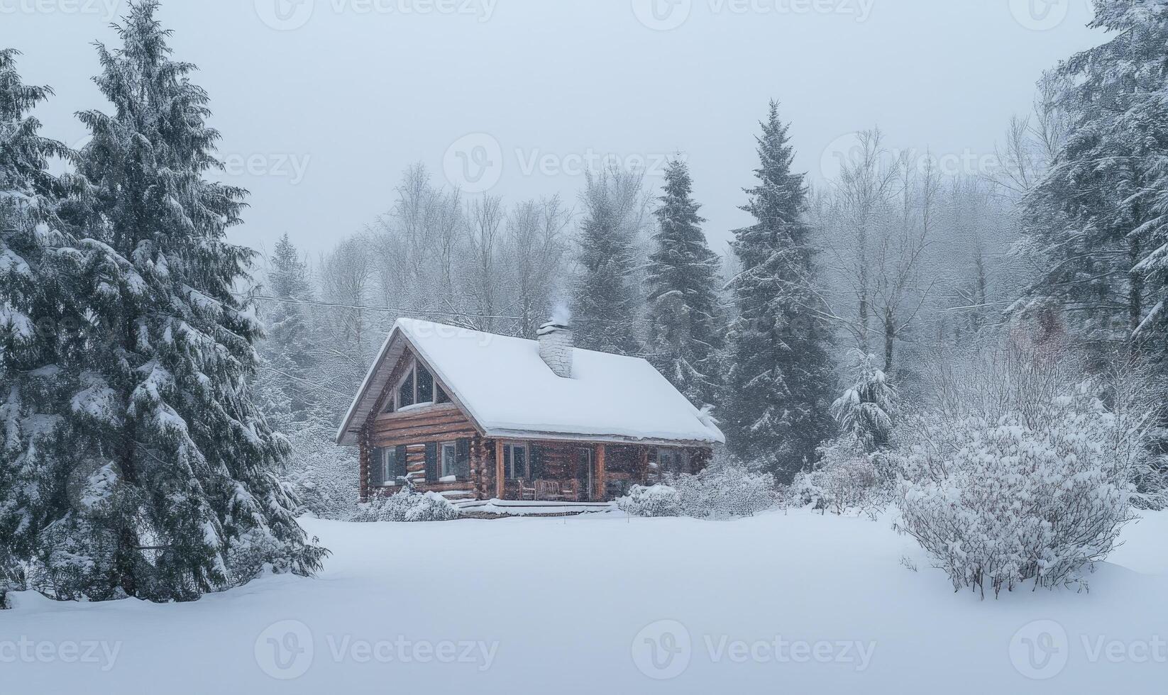 A log cabin in the snow with a snowy yard photo