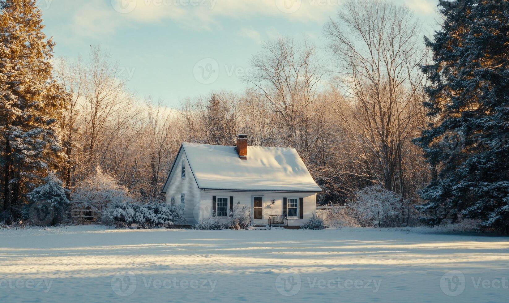 A small white house with a chimney sits in a snowy field photo