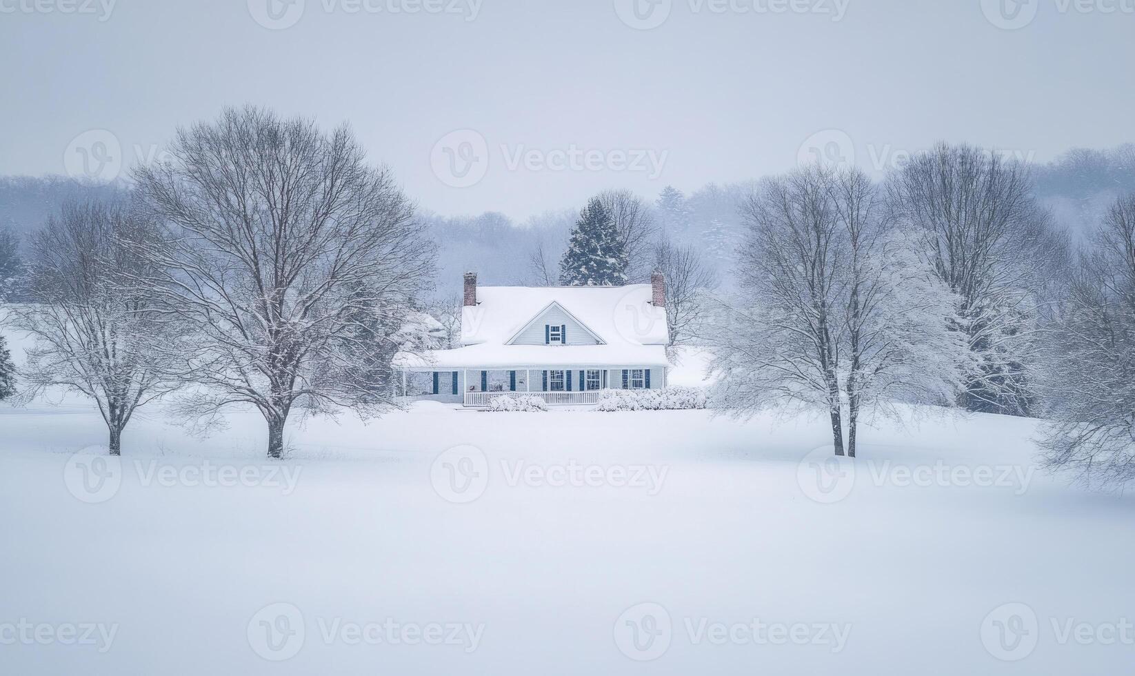 A house sits in a snowy field with trees in the background photo