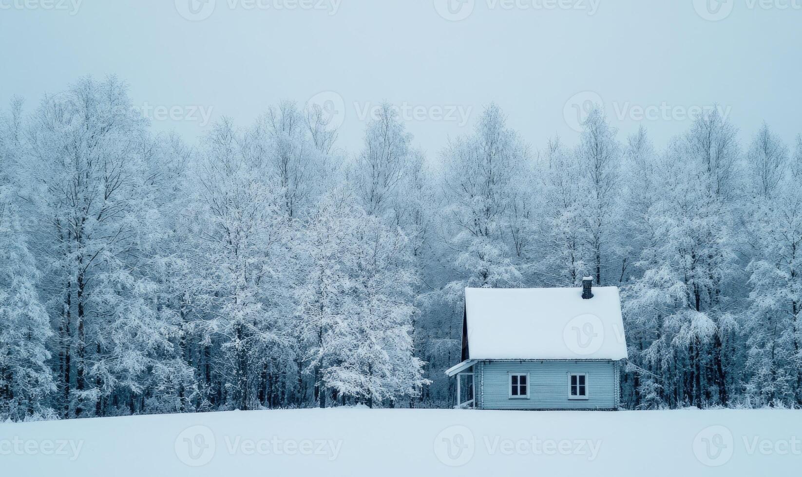A small cabin is surrounded by trees covered in snow photo