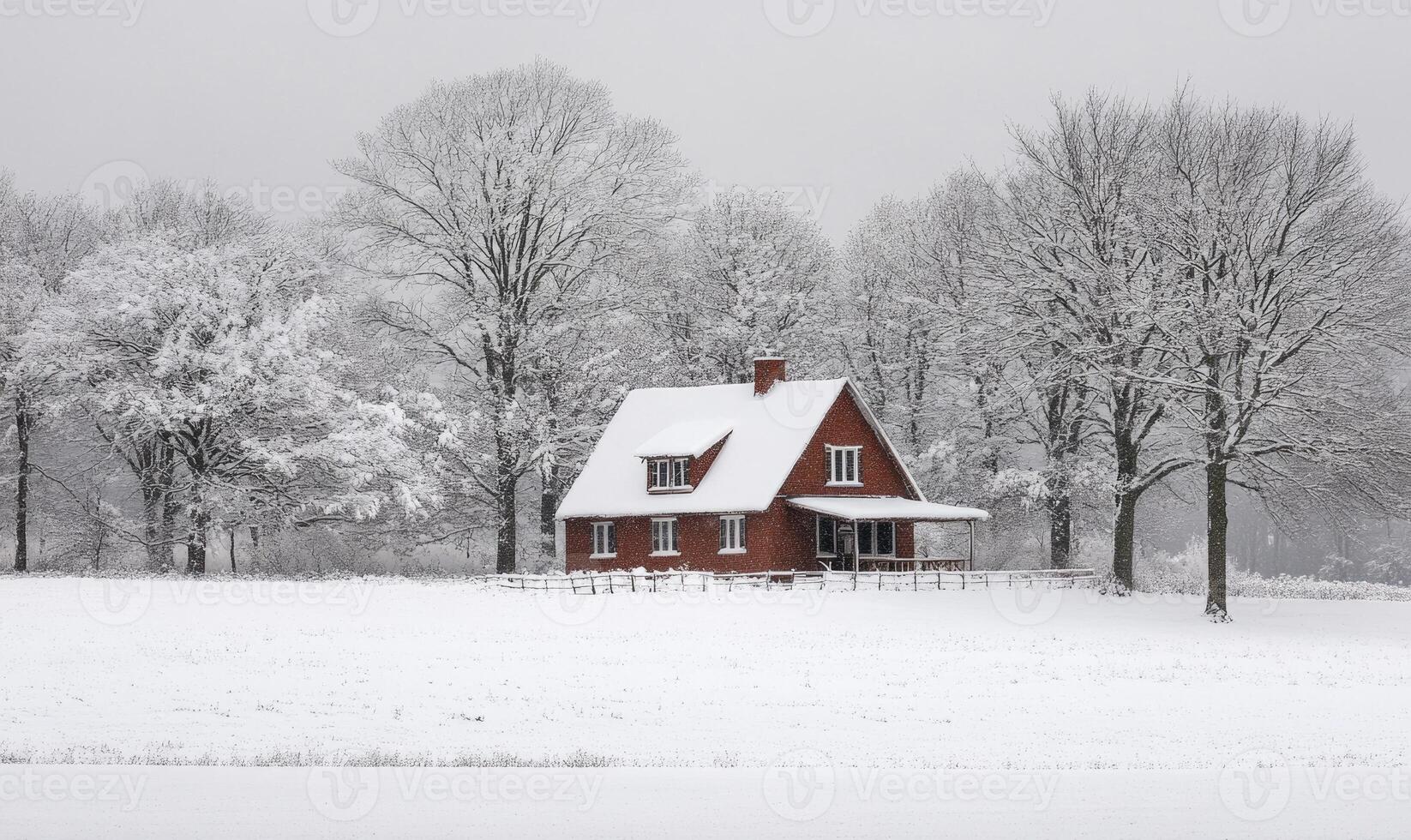 A small red house sits in a snowy field photo