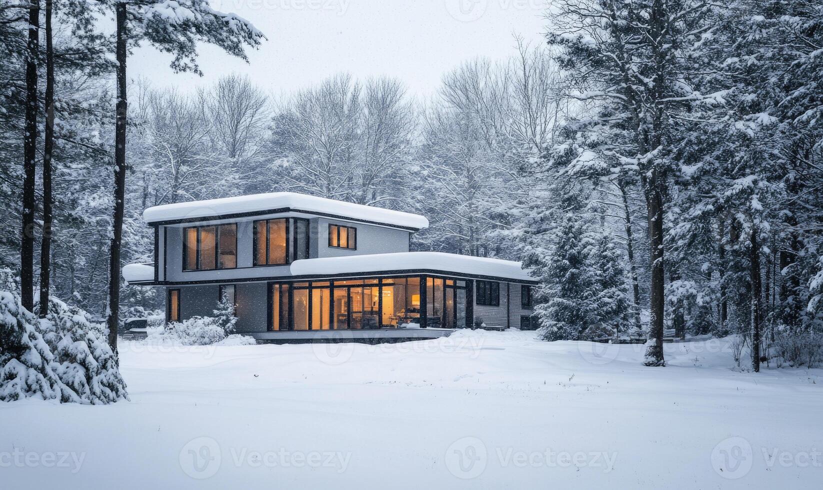A large house with a snow covered roof sits in a snowy field photo