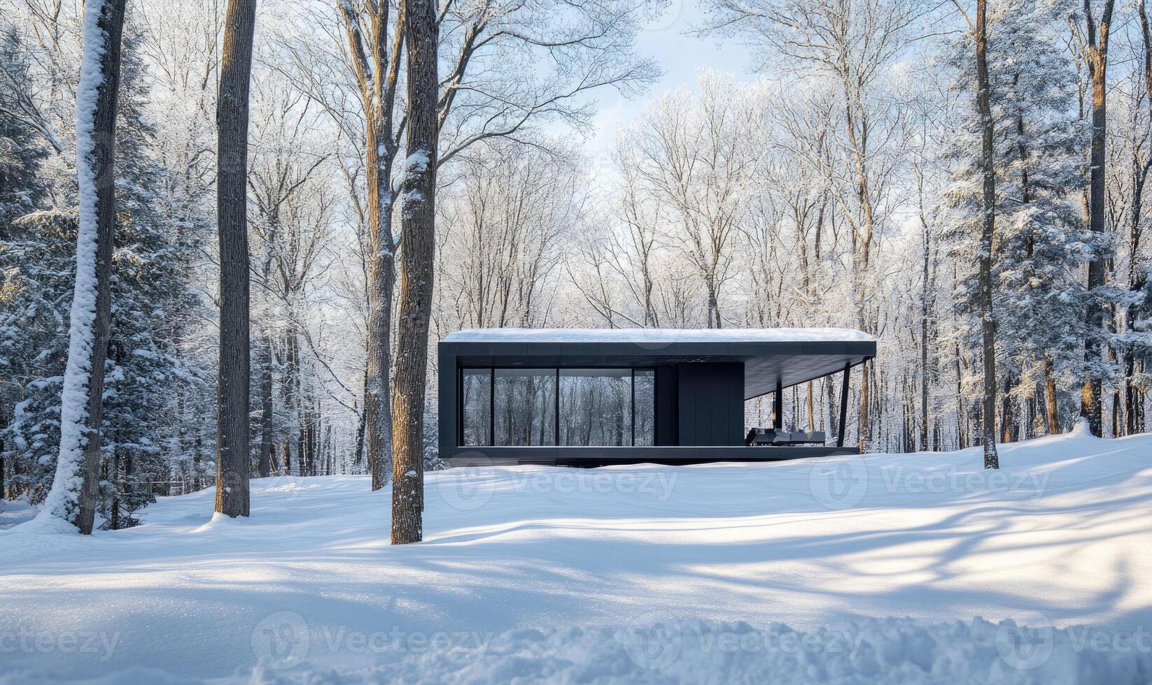 A small house is surrounded by trees and covered in snow photo