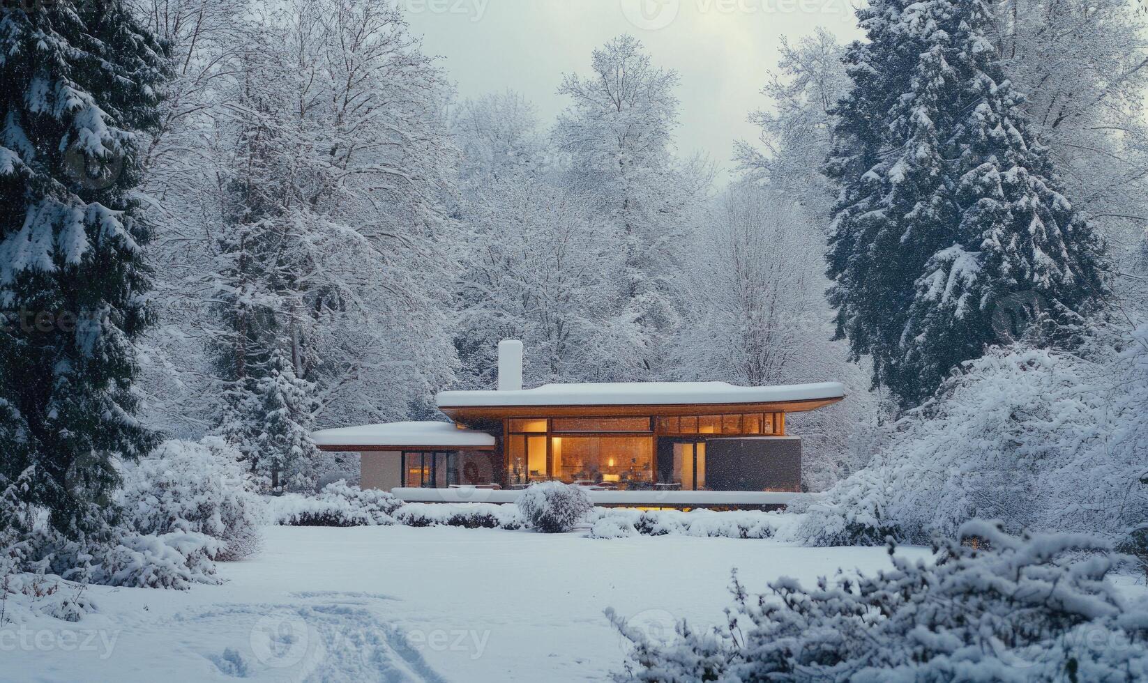 A house with a chimney sits in a snowy forest photo