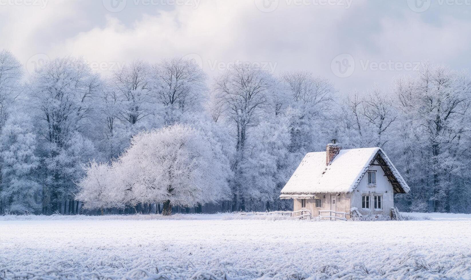 A small white house sits in a snowy field photo