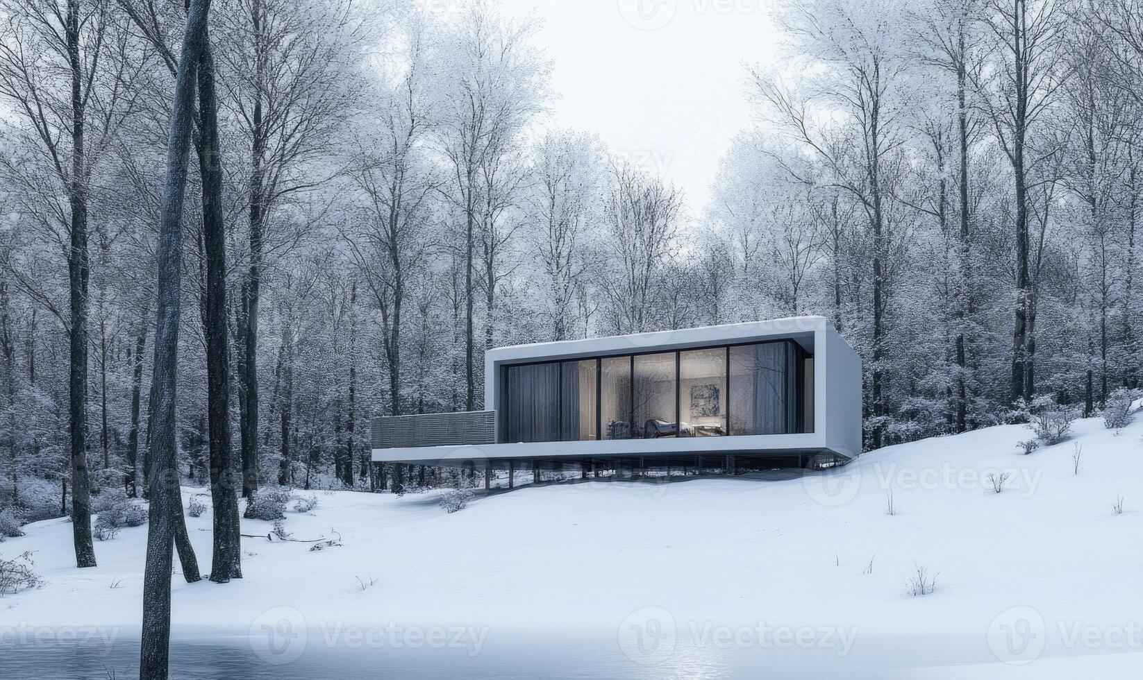 A small cabin is surrounded by trees and snow photo